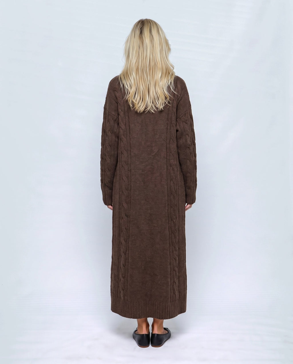Amelie Cardigan & Slip Dress Set in Chocolate, back view on a non-pregnant model