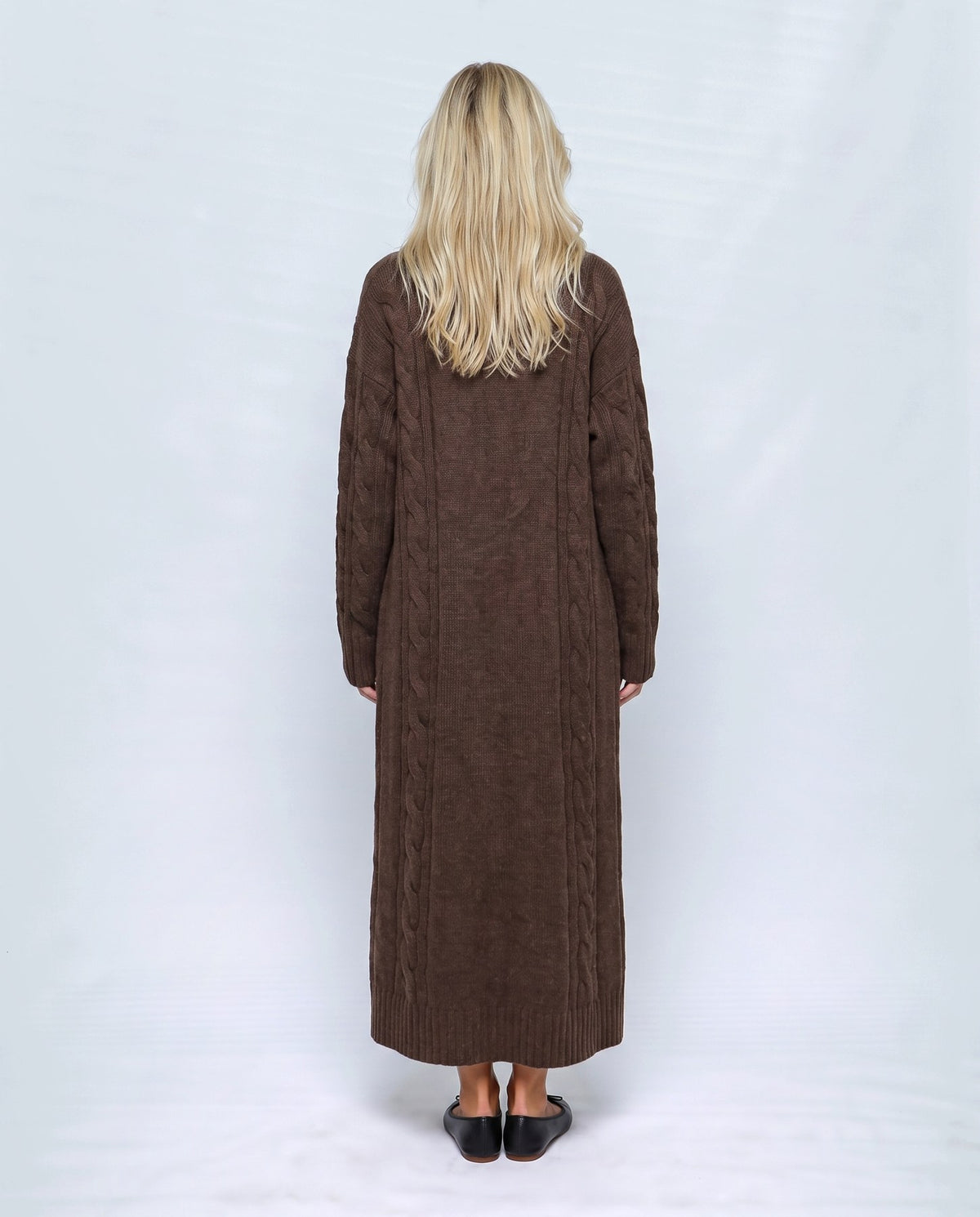 Amelie Cardigan & Slip Dress Set in Chocolate, back view on a non-pregnant model