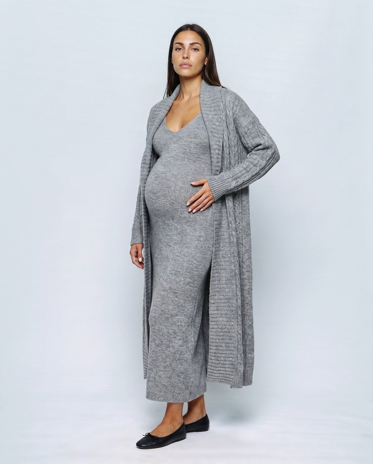 Amelie Cardigan & Slip Dress Set in Grey, front view