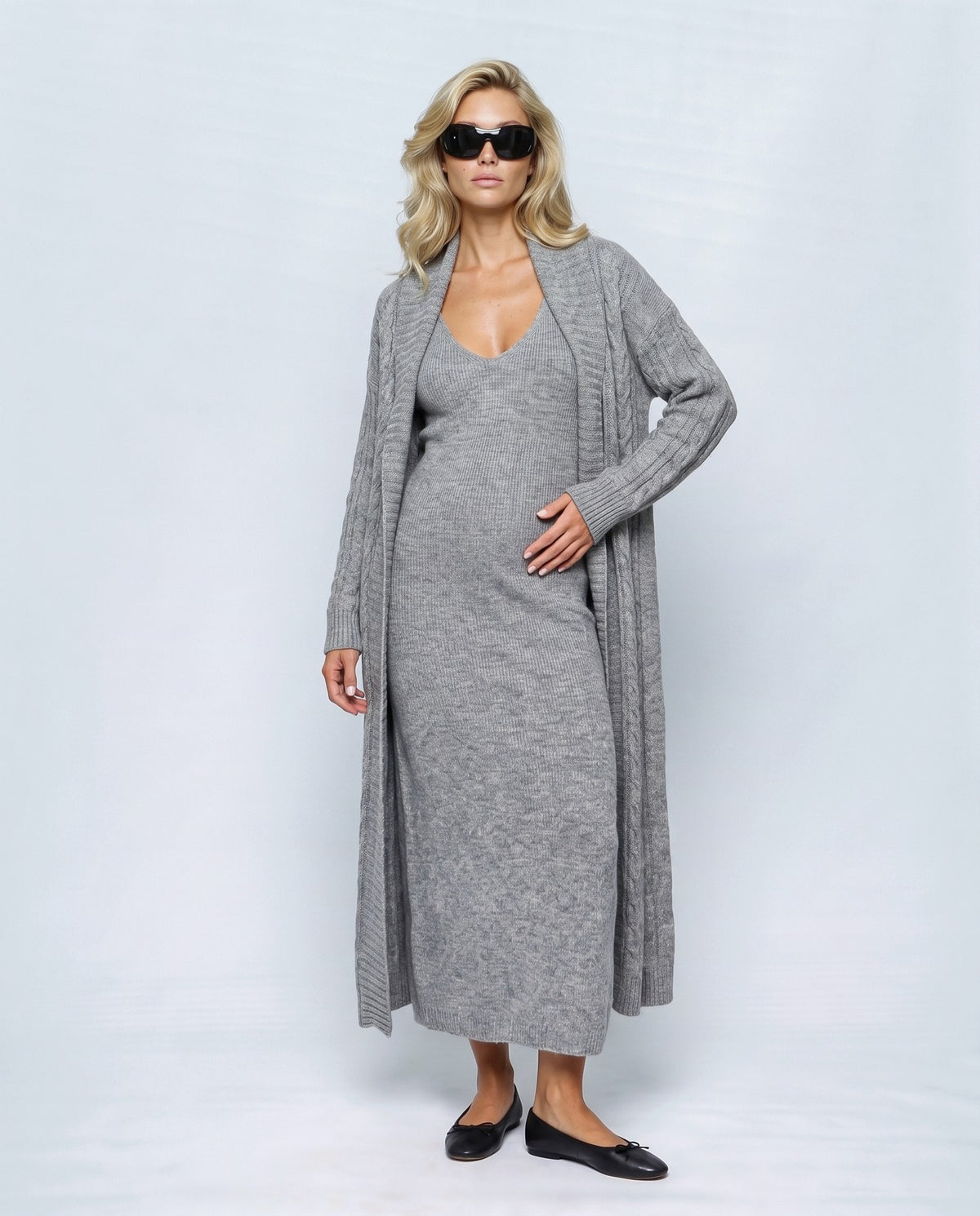 Amelie Cardigan & Slip Dress Set in Grey, front view on a non-pregnant model