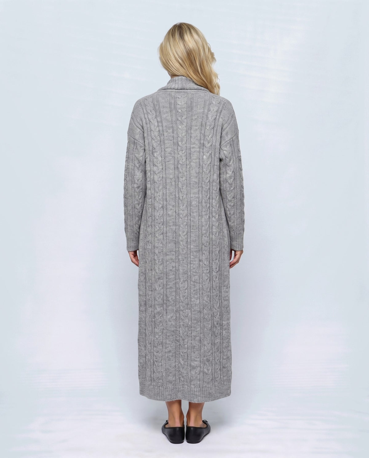 Amelie Cardigan & Slip Dress Set in Grey, back view on a non-pregnant model