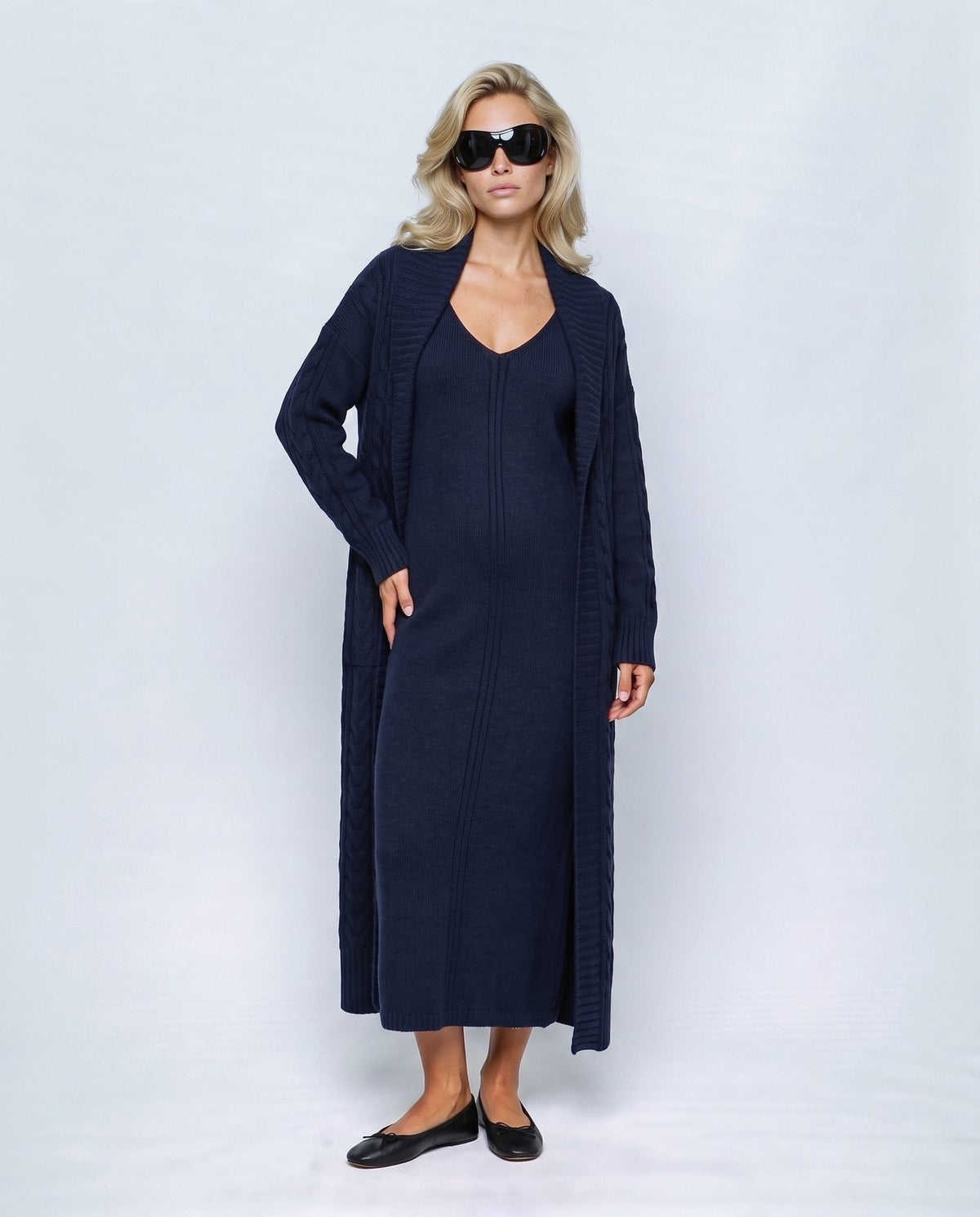 Amelie Cardigan & Slip Dress Set in Navy, front view on a non-pregnant model