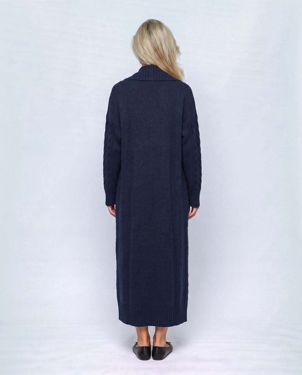 Amelie Cardigan & Slip Dress Set in Navy, back view on a non-pregnant model
