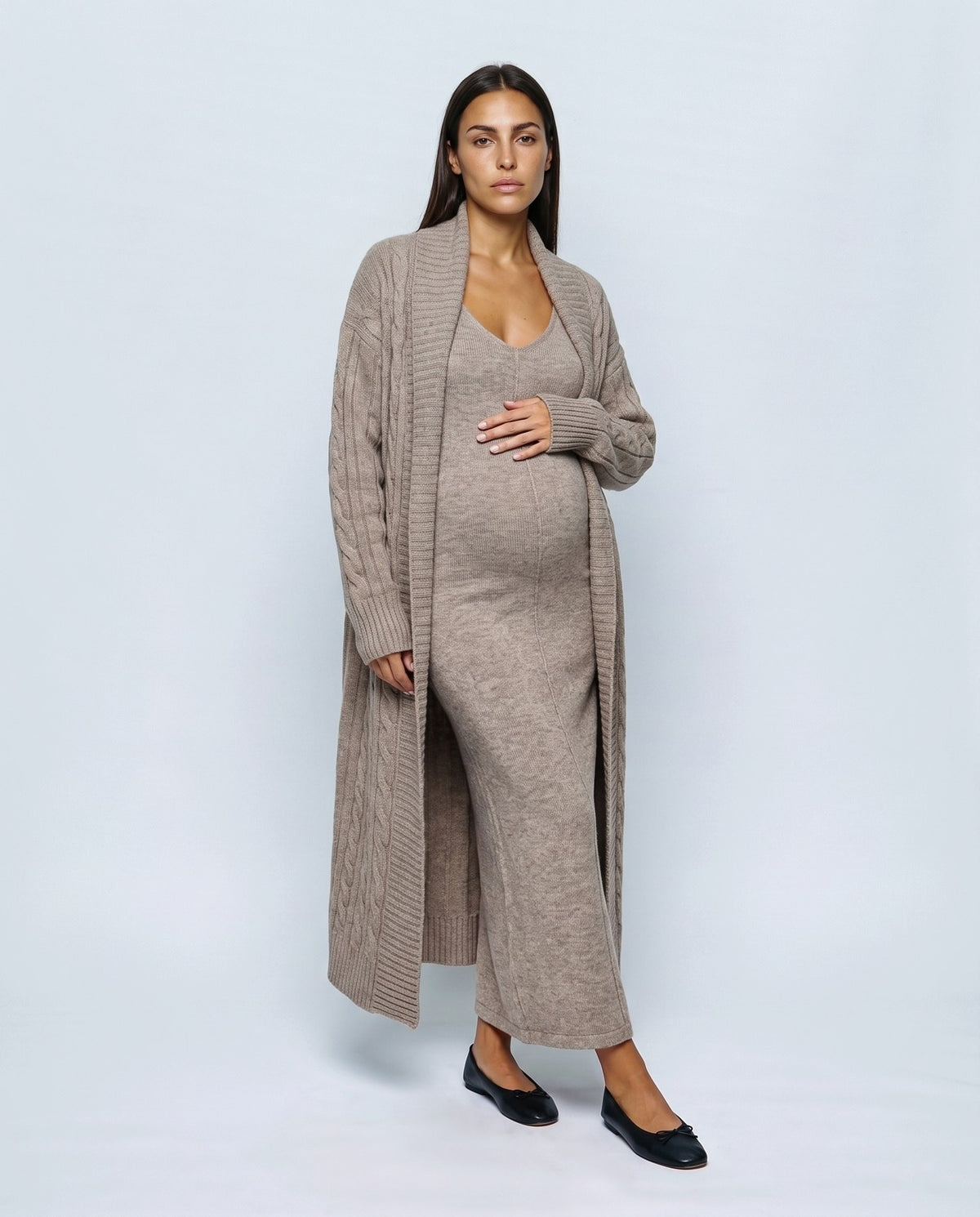 Amelie Cardigan & Slip Dress Set in Oatmeal taupe, front view