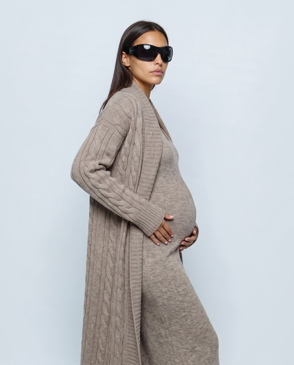 Amelie Cardigan & Slip Dress Set in Oatmeal taupe, side view