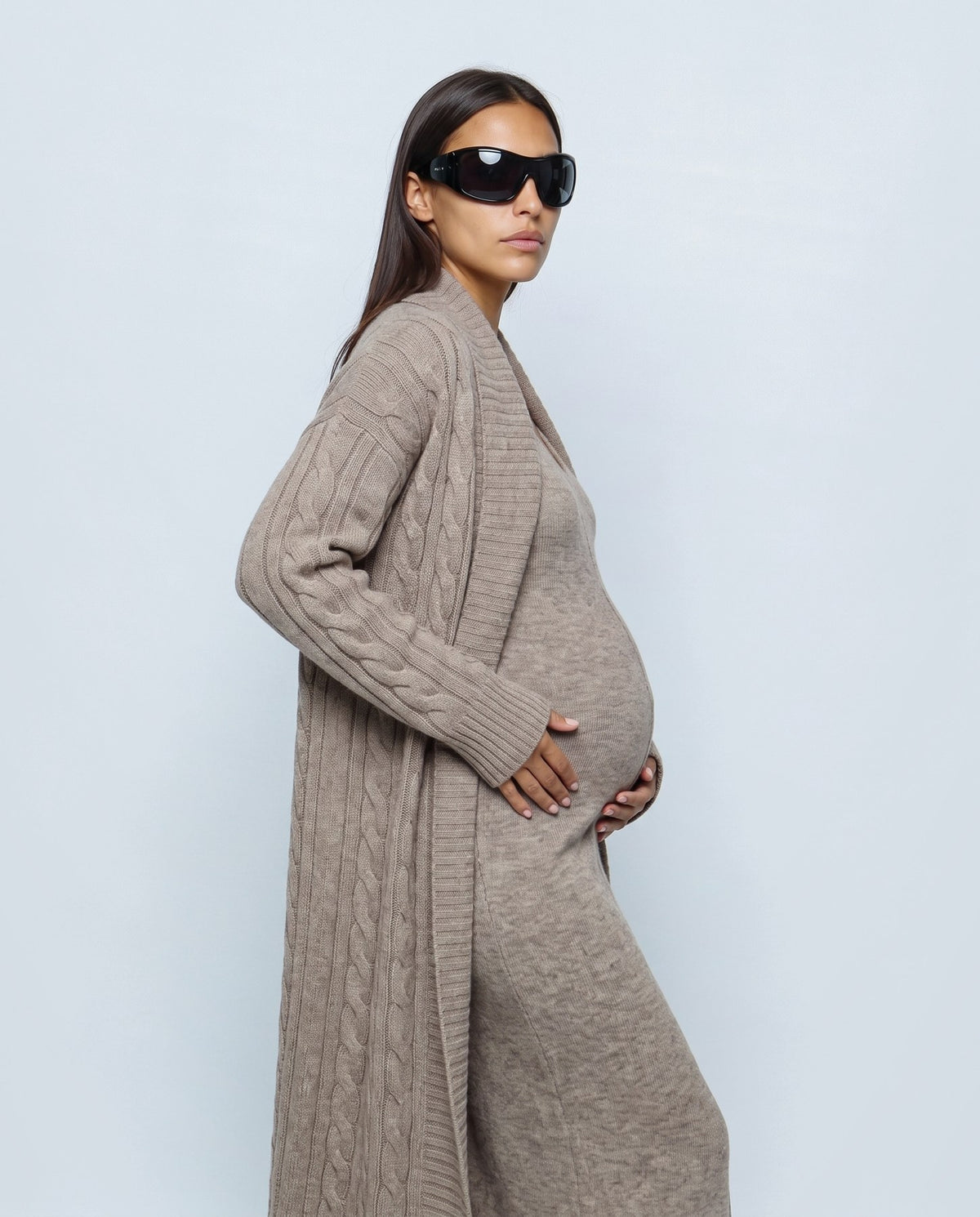 Amelie Cardigan & Slip Dress Set in Oatmeal taupe, side view