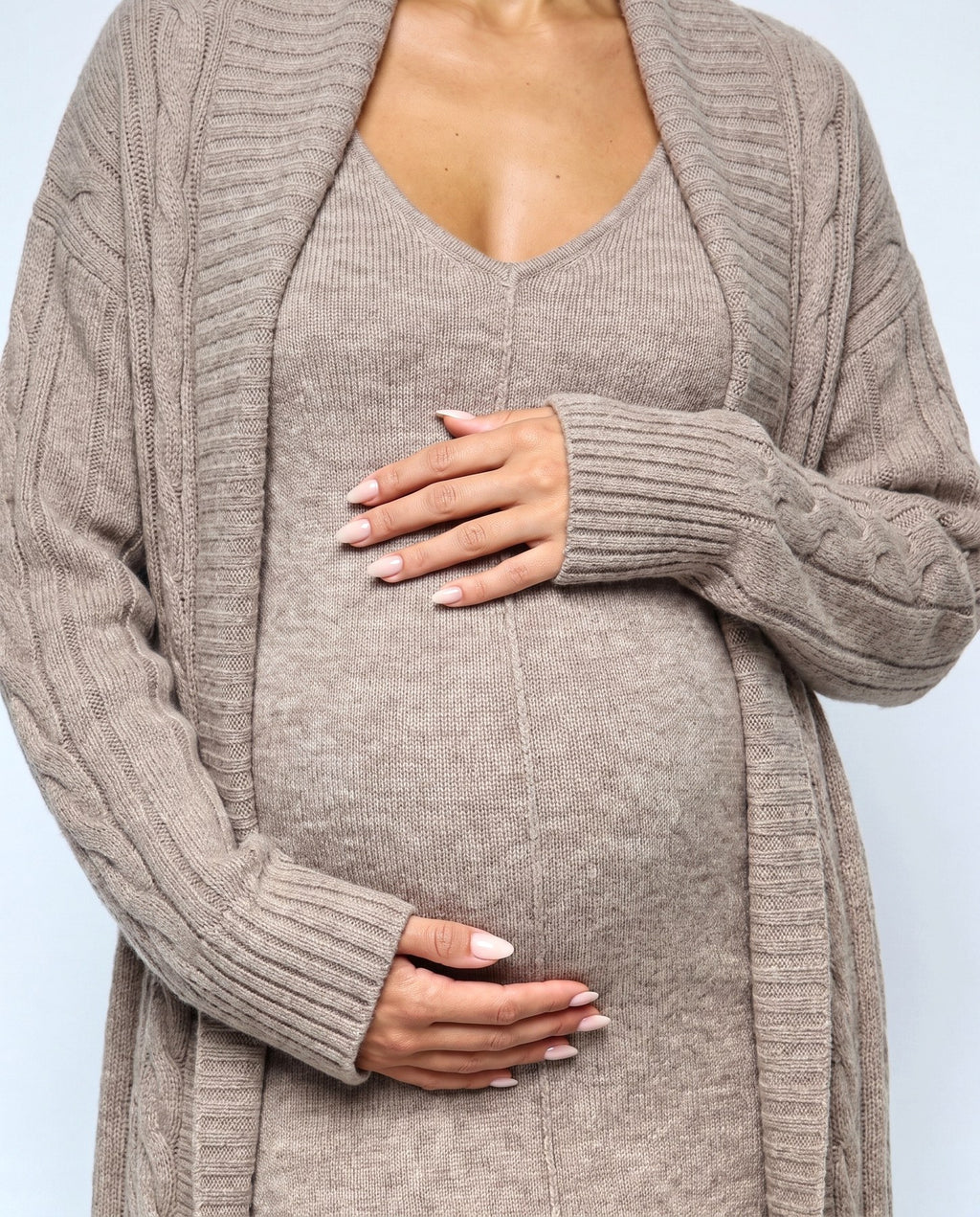 Amelie Cardigan & Slip Dress Set in Oatmeal taupe, fabric detail