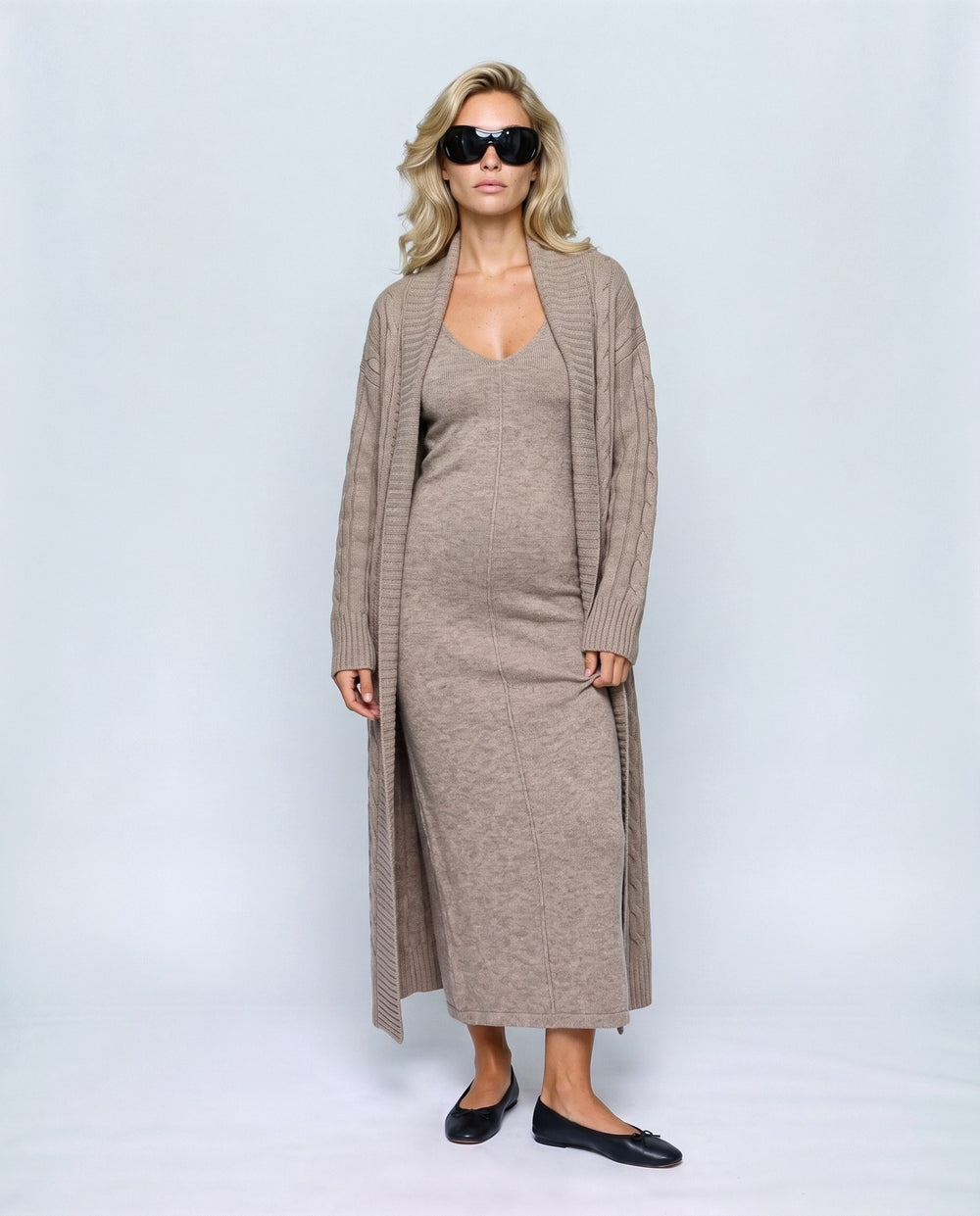 Amelie Cardigan & Slip Dress Set in Oatmeal taupe, front view on a non-pregnant model