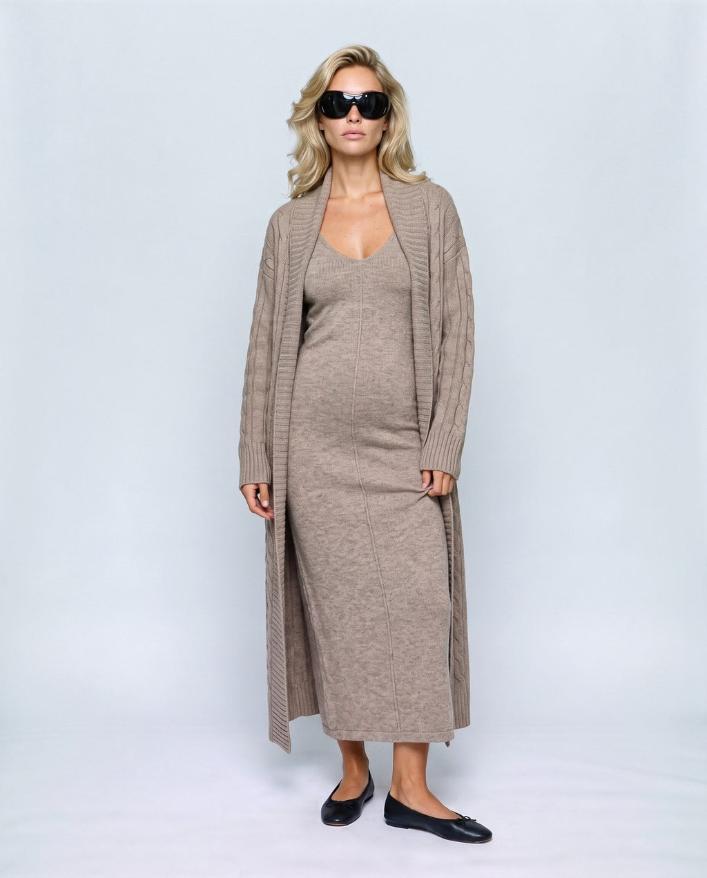 Amelie Cardigan & Slip Dress Set in Oatmeal taupe, front view on a non-pregnant model