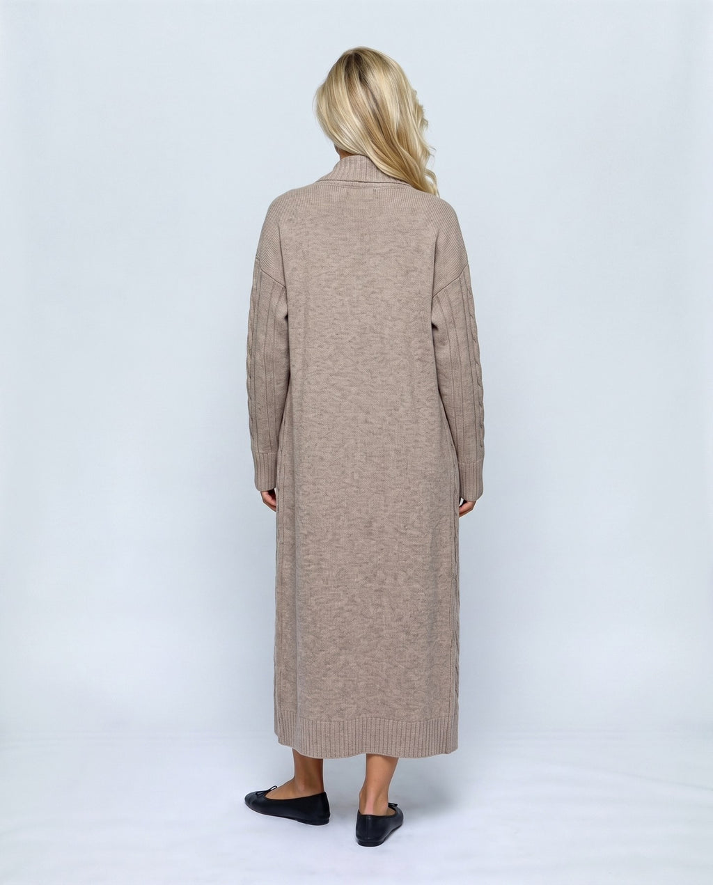 Amelie Cardigan & Slip Dress Set in Oatmeal taupe, back view on a non-pregnant model