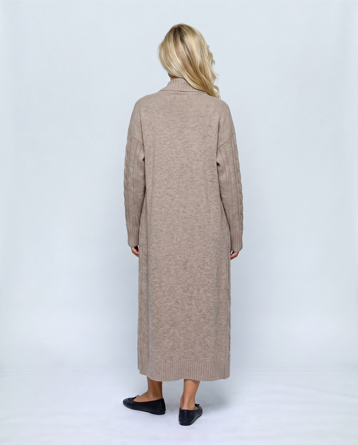 Amelie Cardigan & Slip Dress Set in Oatmeal taupe, back view on a non-pregnant model