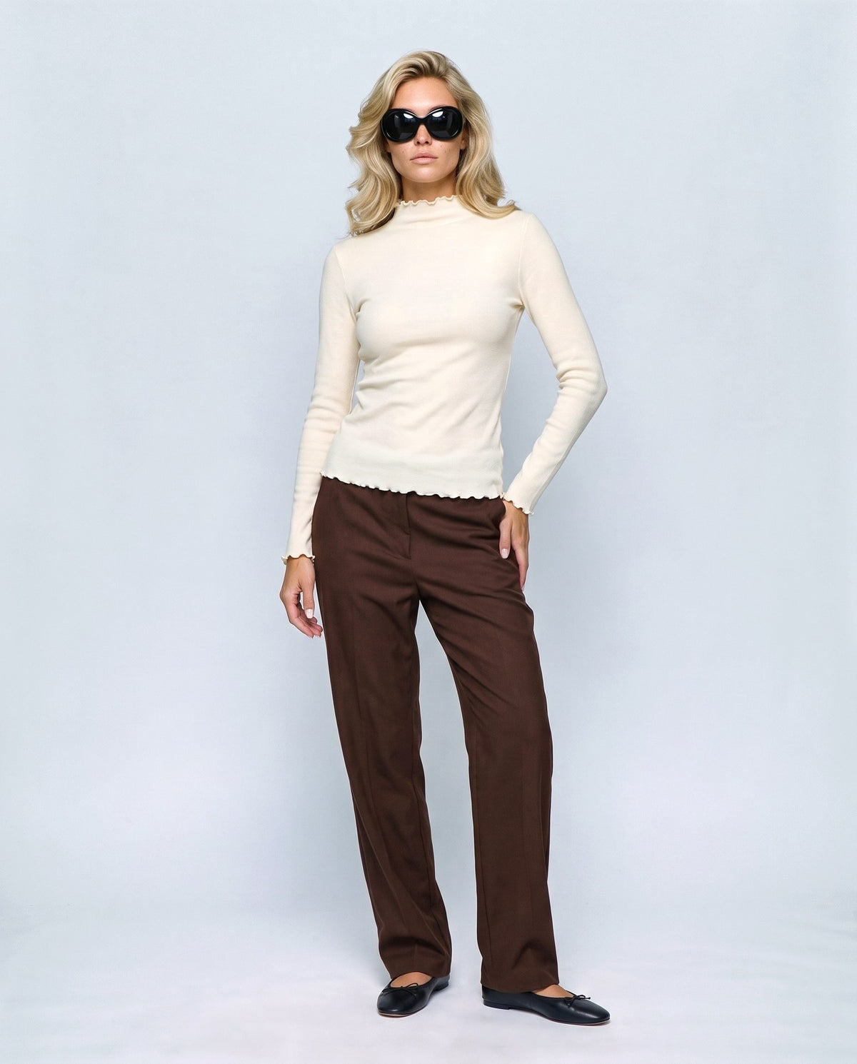 Anais Lettuce-Edge Top in Cream, front view on a non-pregnant model