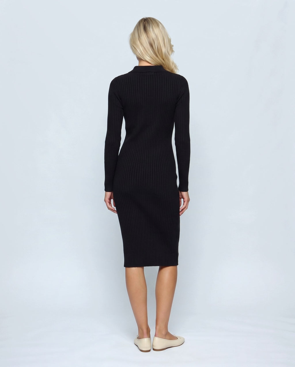 Camille Collared Midi Dress in Black, back view on a non-pregnant model
