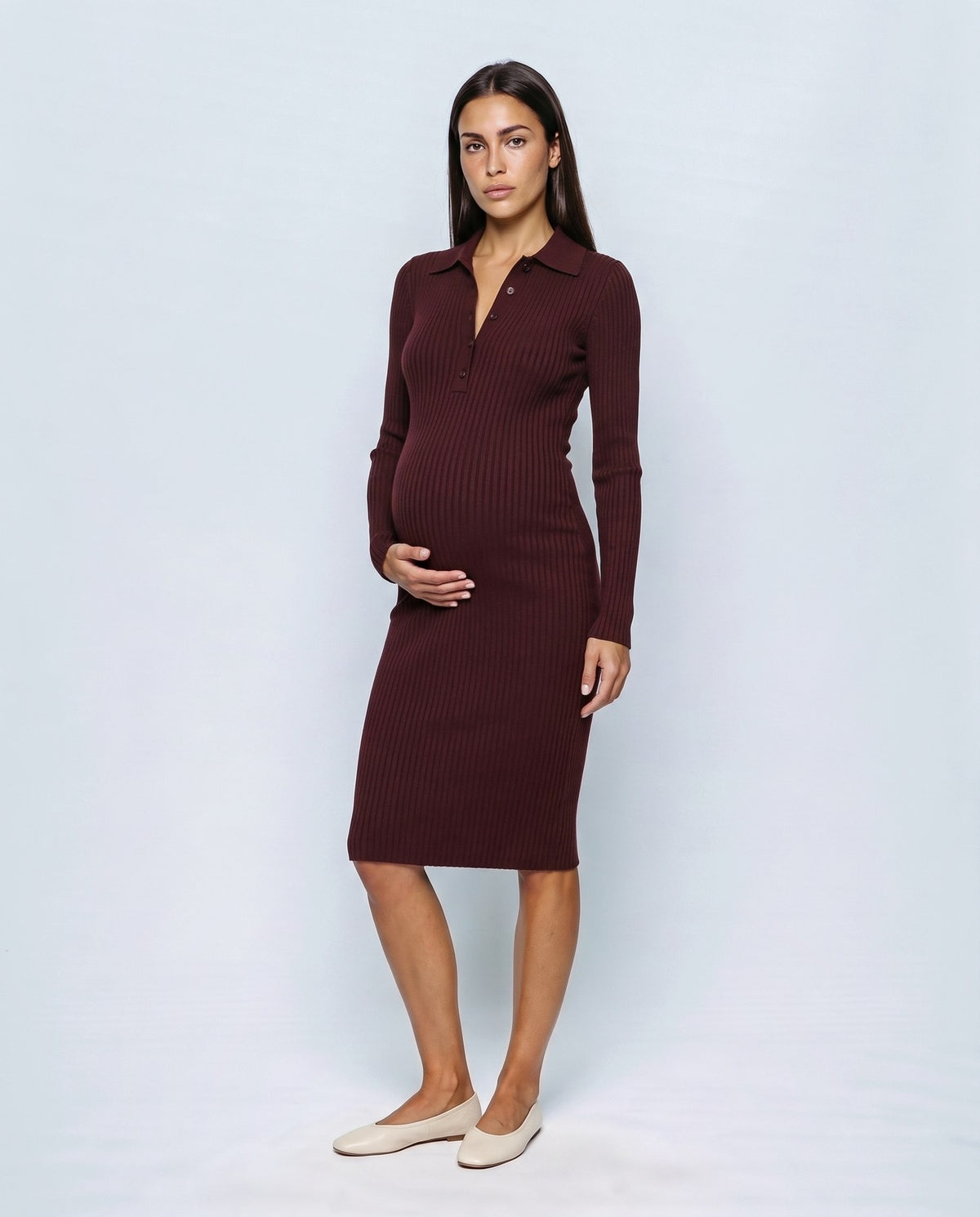 Camille Collared Midi Dress in Burgundy, front view
