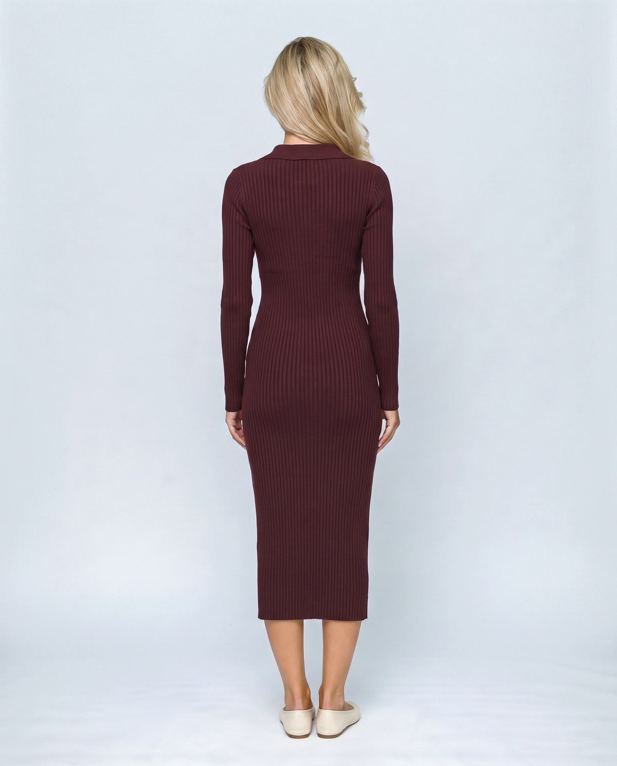 Camille Collared Midi Dress in Burgundy, back view on a non-pregnant model