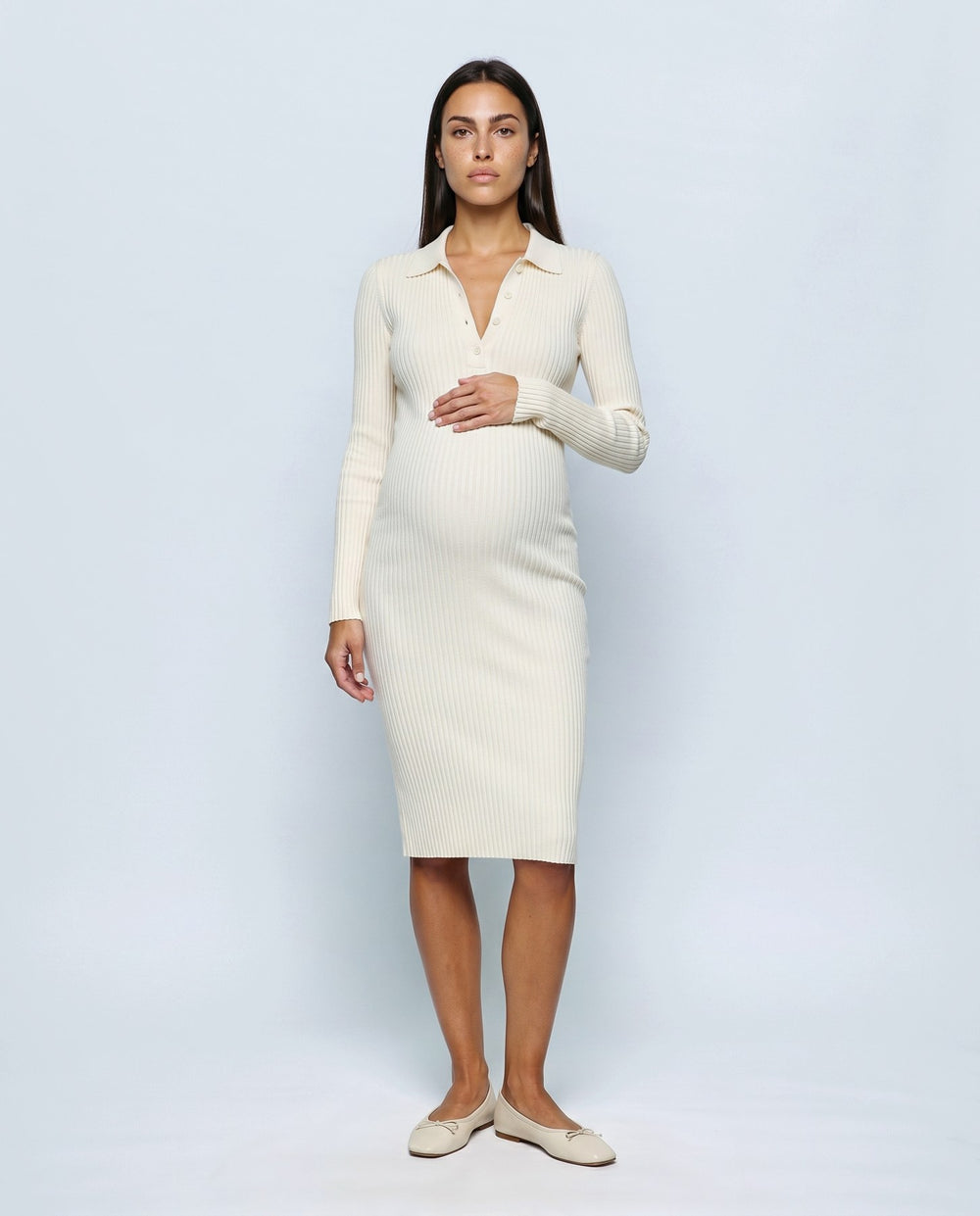 Camille Collared Midi Dress in Cream white, front view