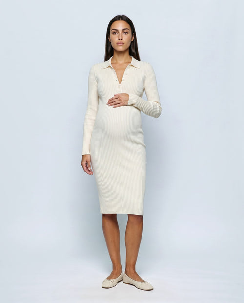 Camille Collared Midi Dress in Cream white, front view