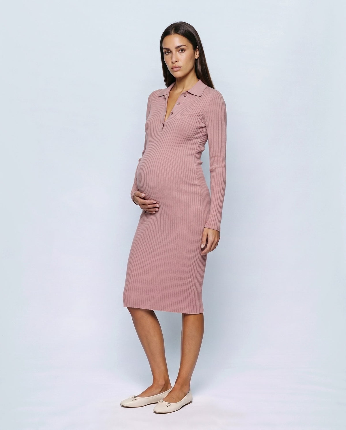 Camille Collared Midi Dress in Rose pink, front view