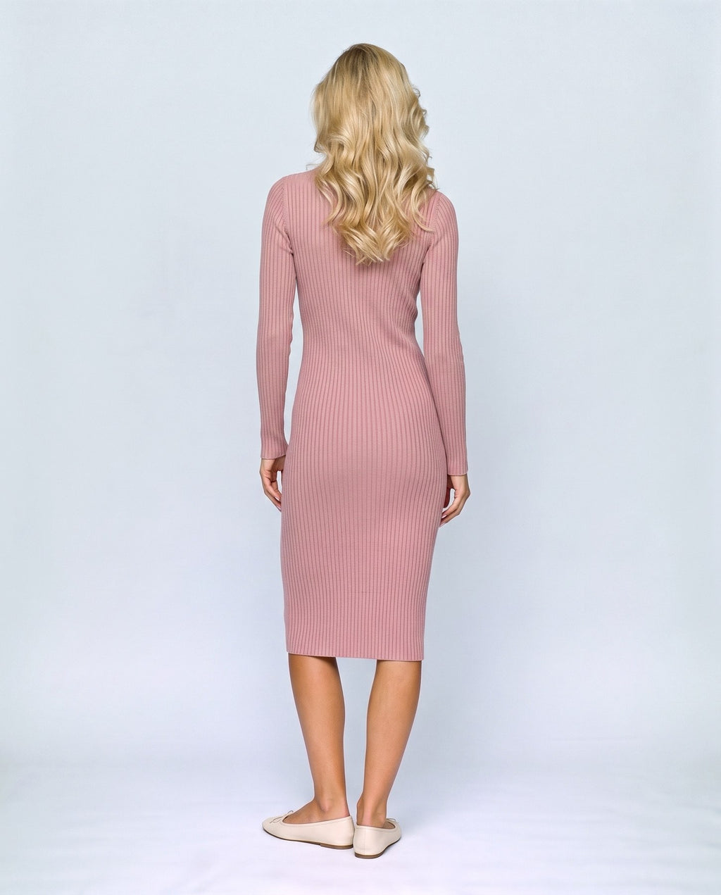 Camille Collared Midi Dress in Rose pink, back view on a non-pregnant model