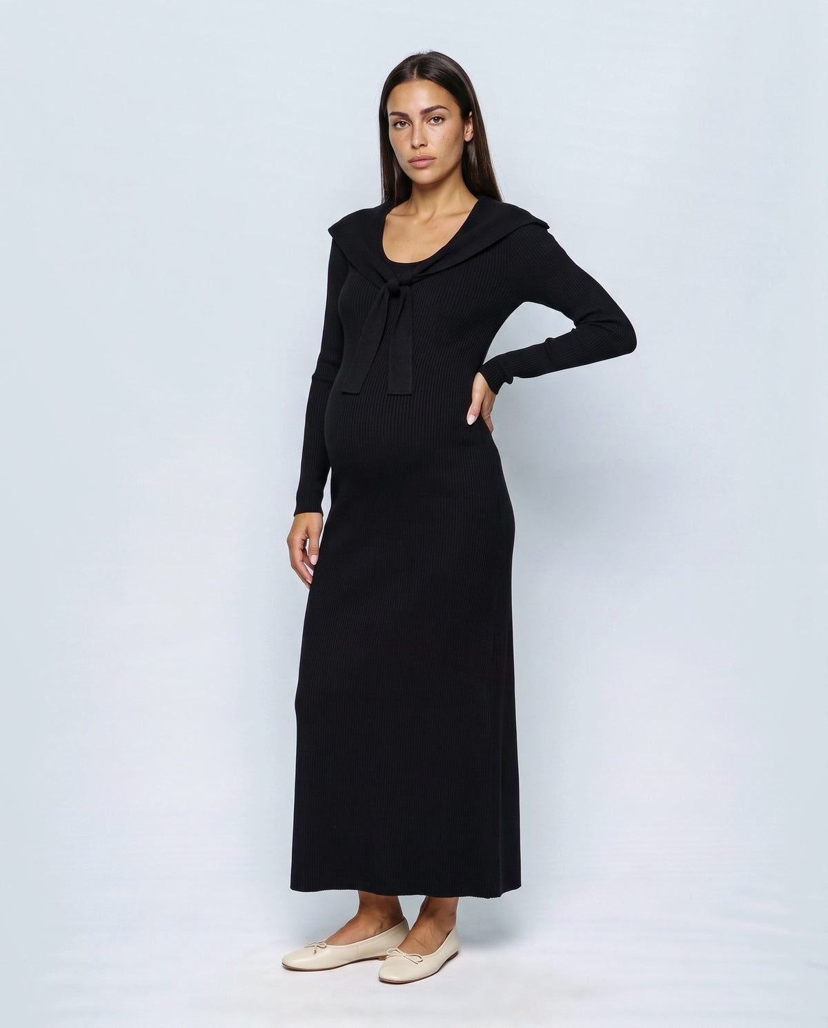 Celine Tie-Collar Maxi Dress in Black, front view