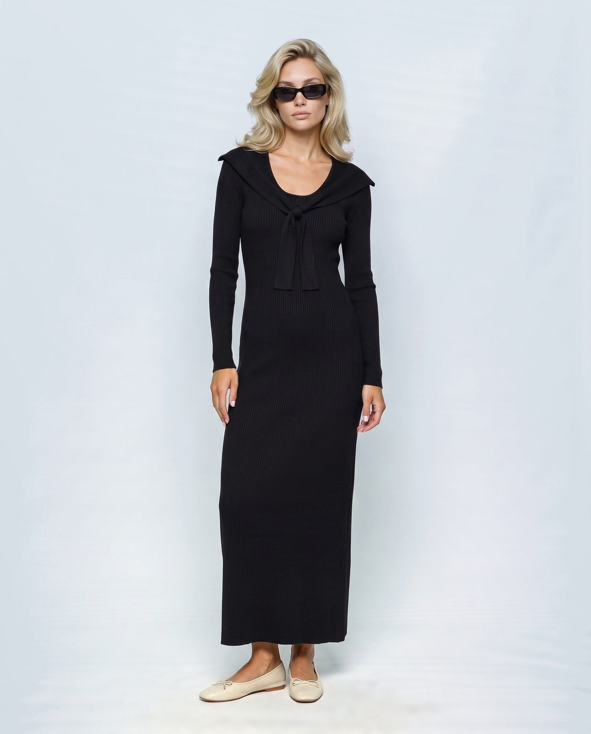 Celine Tie-Collar Maxi Dress in Black, front view on a non-pregnant model