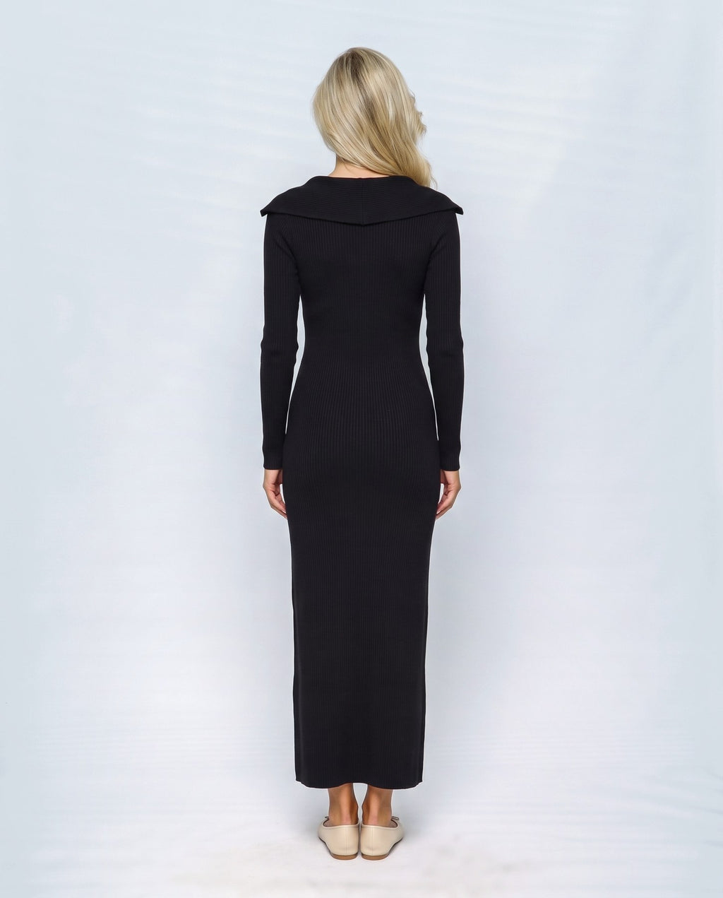 Celine Tie-Collar Maxi Dress in Black, back view on a non-pregnant model