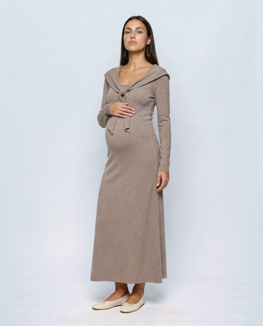 Celine Tie-Collar Maxi Dress in Taupe camel, front view