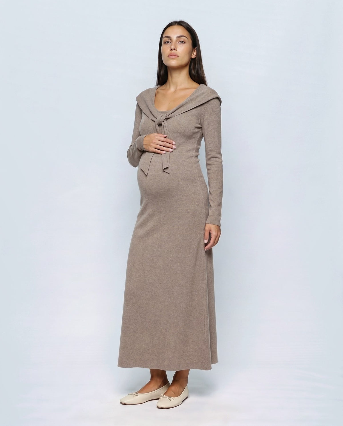 Celine Tie-Collar Maxi Dress in Taupe camel, front view