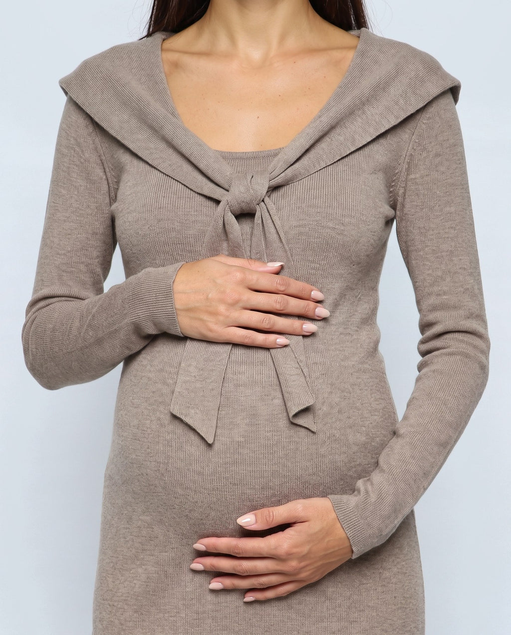 Celine Tie-Collar Maxi Dress in Taupe camel, fabric detail