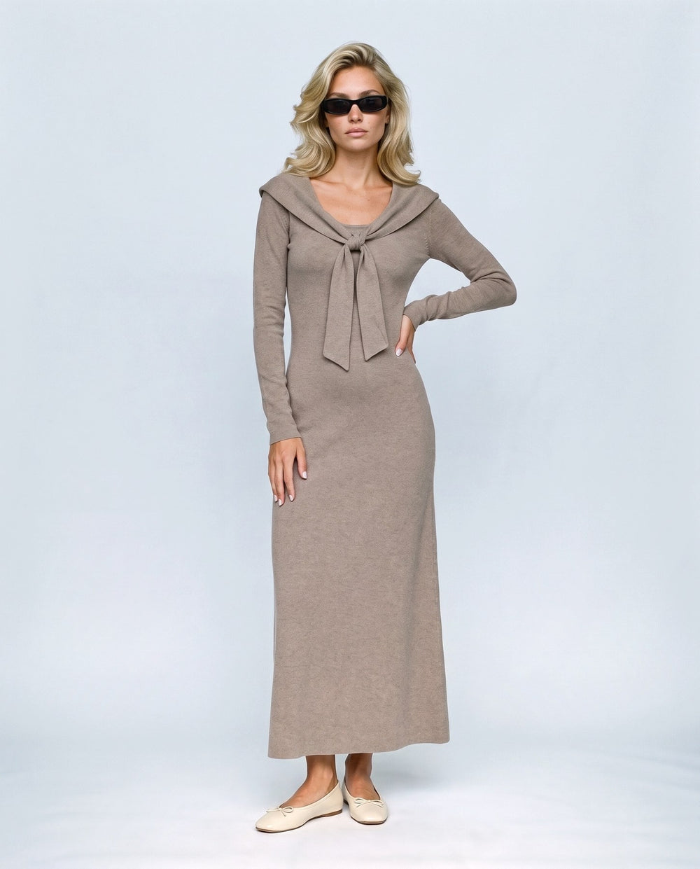 Celine Tie-Collar Maxi Dress in Taupe camel, front view on a non-pregnant model