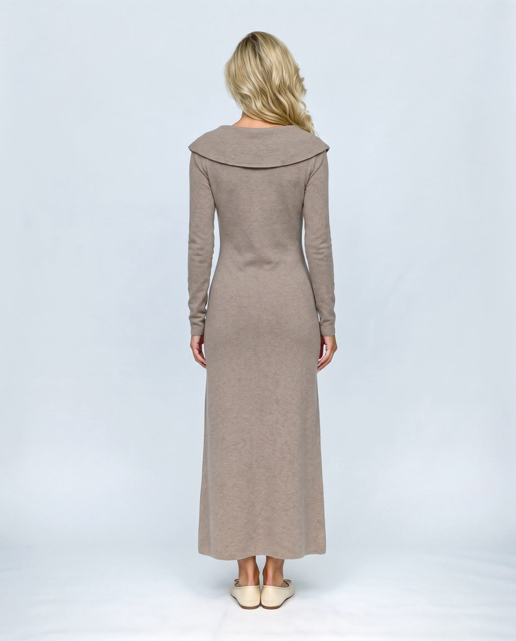 Celine Tie-Collar Maxi Dress in Taupe camel, back view on a non-pregnant model