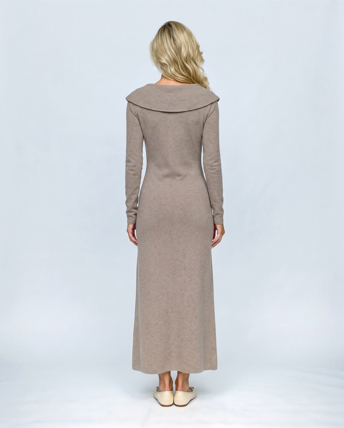Celine Tie-Collar Maxi Dress in Taupe camel, back view on a non-pregnant model