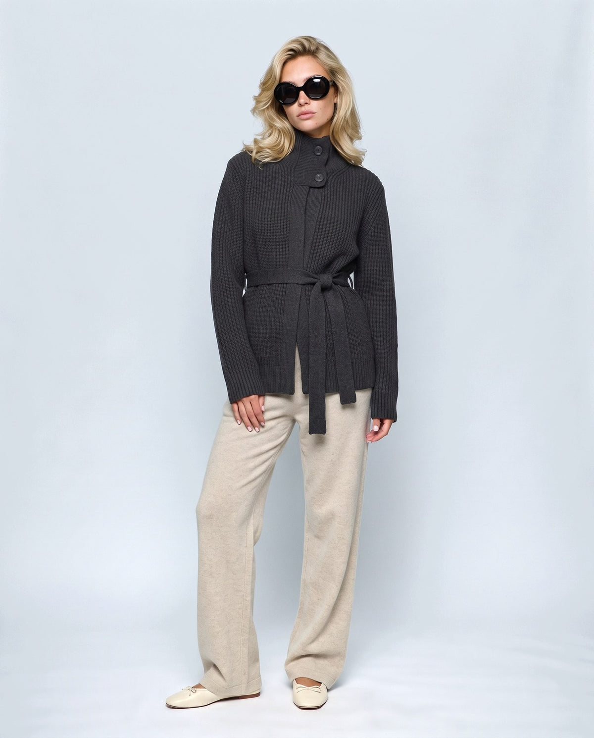 Colette Tie-Waist Cardigan in Black, front view on a non-pregnant model