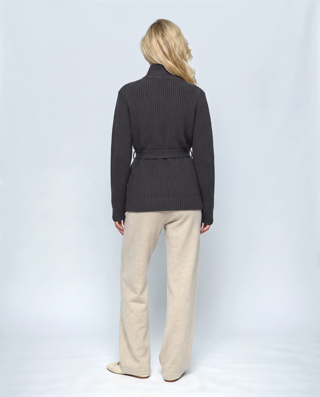Colette Tie-Waist Cardigan in Black, back view on a non-pregnant model