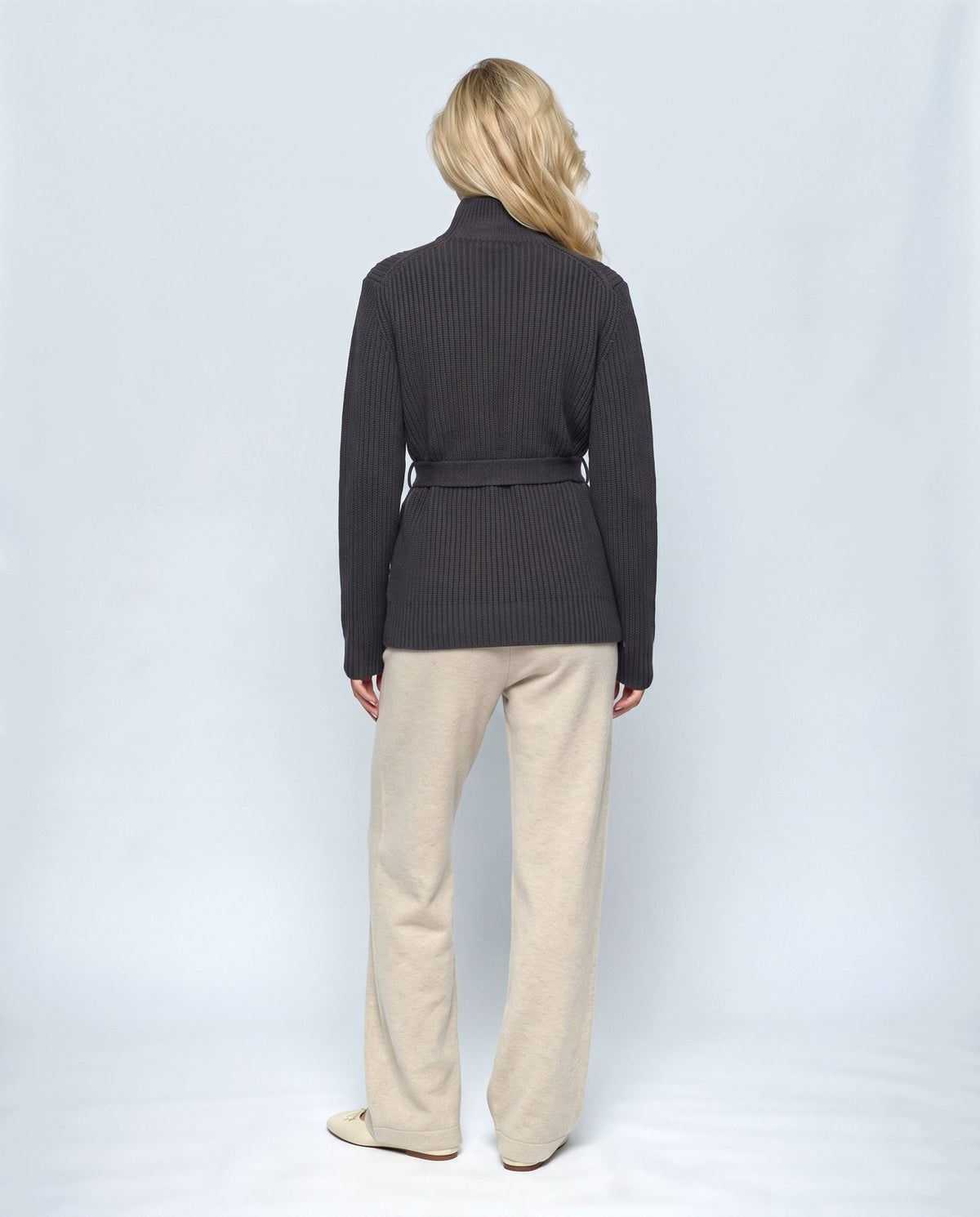 Colette Tie-Waist Cardigan in Black, back view on a non-pregnant model