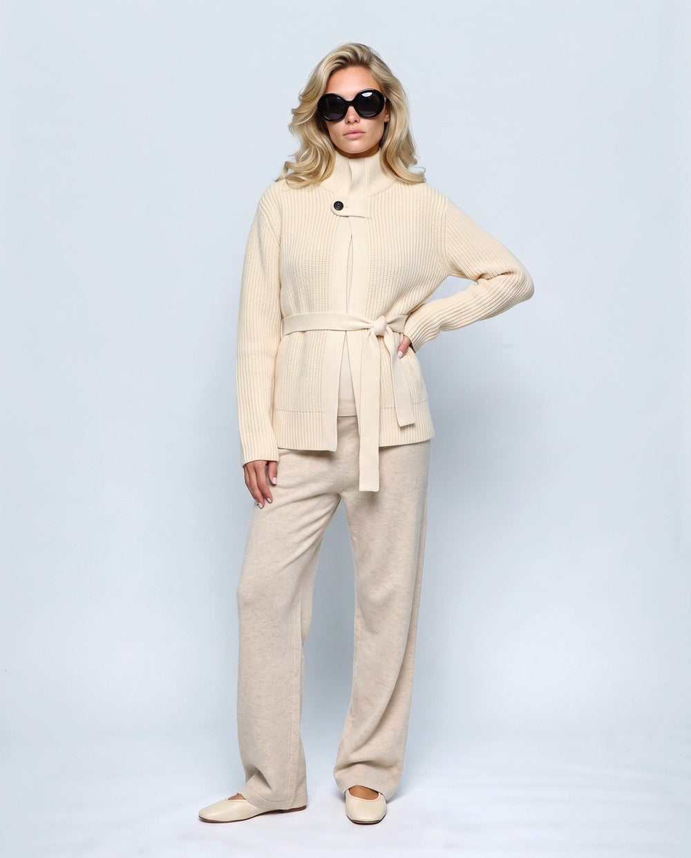 Colette Tie-Waist Cardigan in Cream, front view on a non-pregnant model