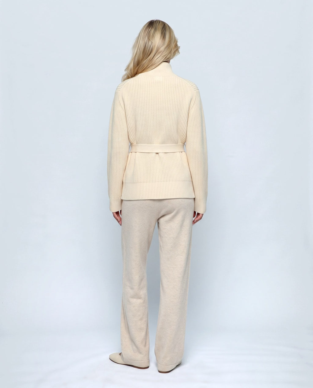 Colette Tie-Waist Cardigan in Cream, back view on a non-pregnant model