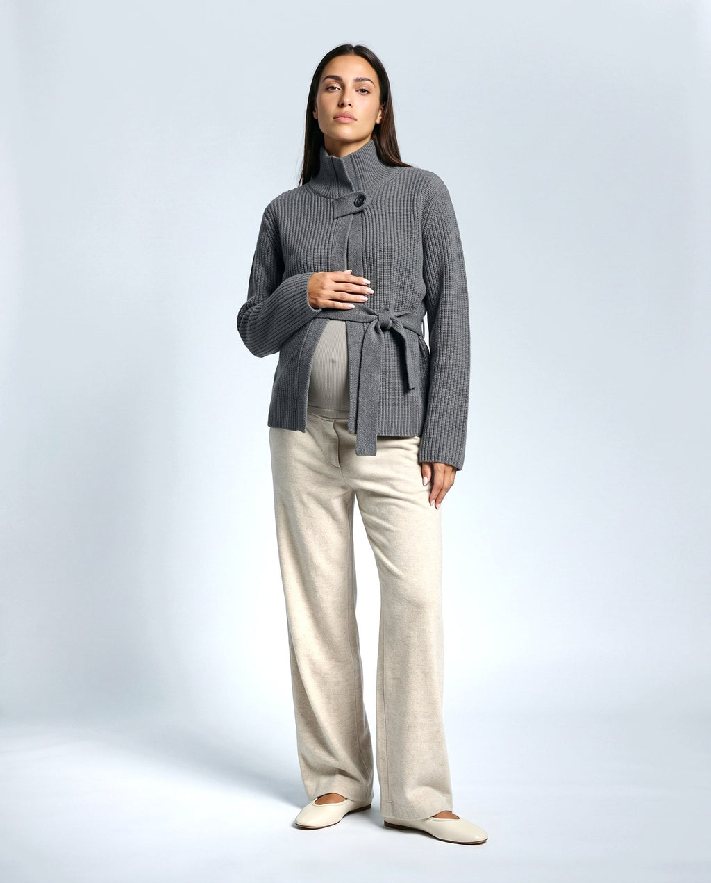 Colette Tie-Waist Cardigan in Grey, front view