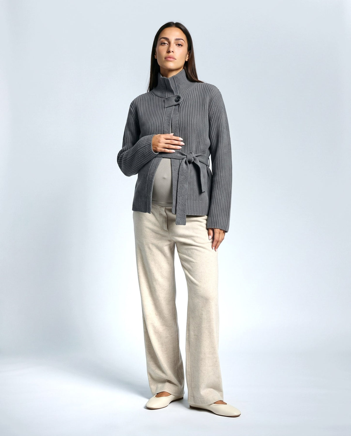 Colette Tie-Waist Cardigan in Grey, front view