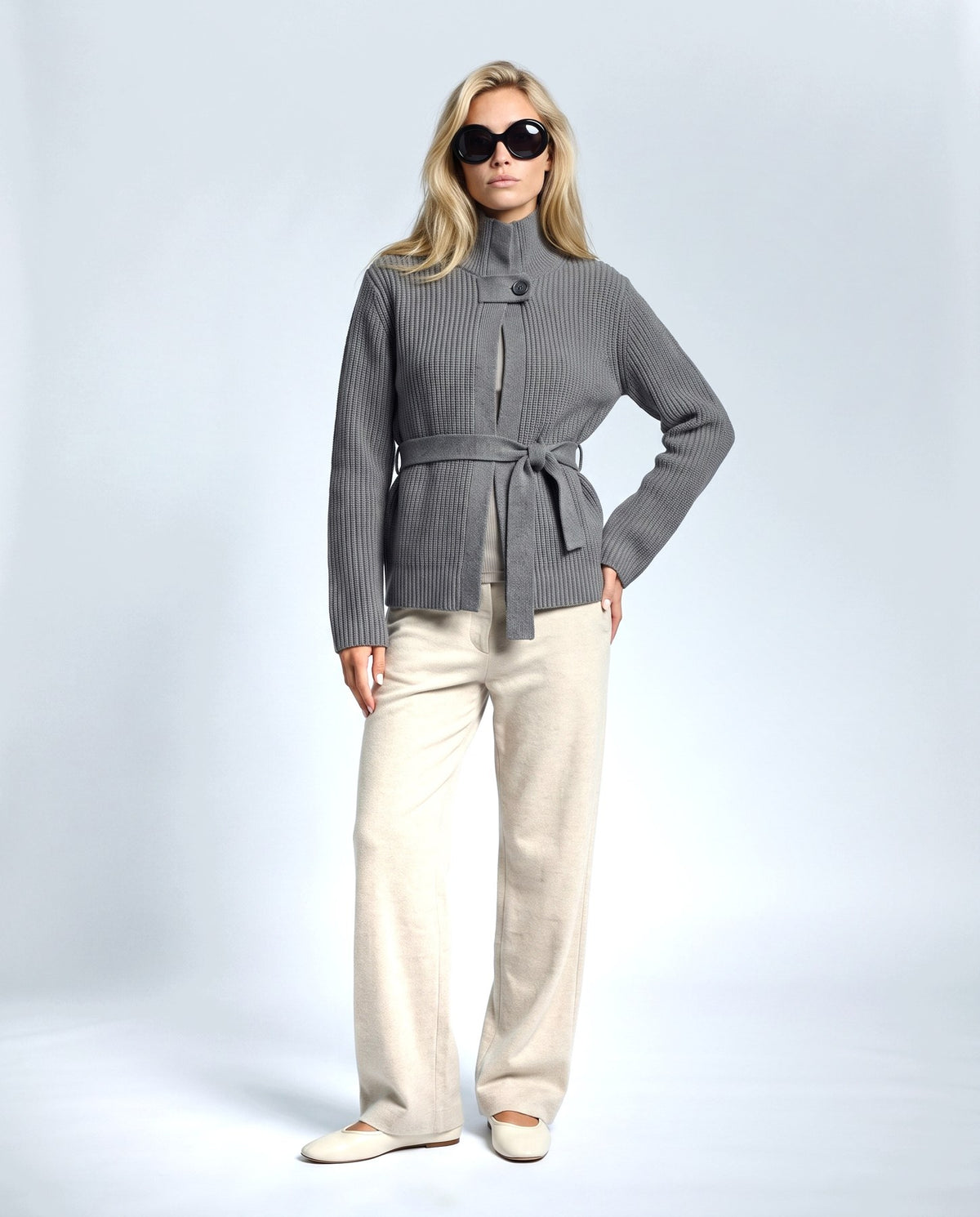 Colette Tie-Waist Cardigan in Grey, front view on a non-pregnant model