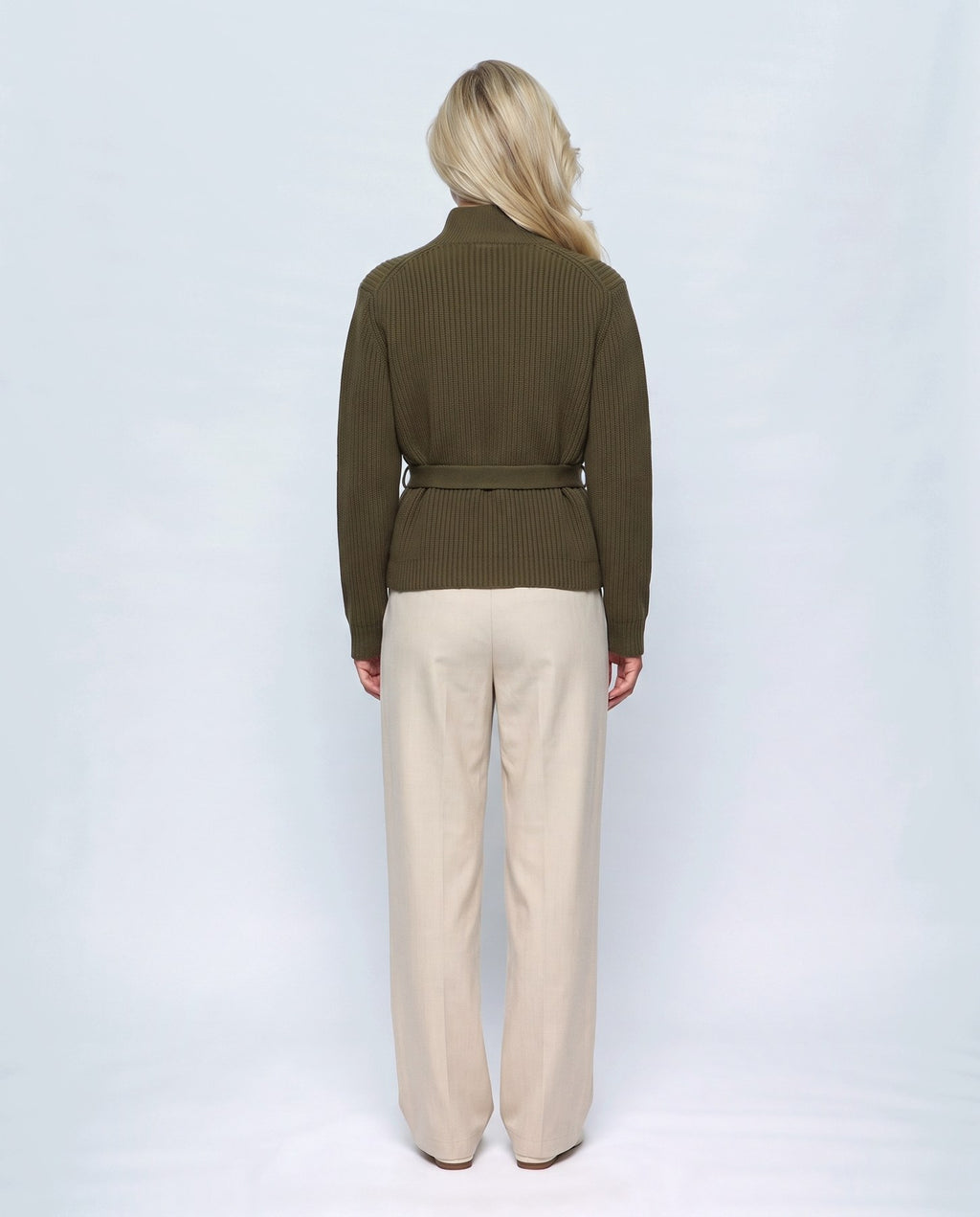 Colette Tie-Waist Cardigan in Olive, back view on a non-pregnant model