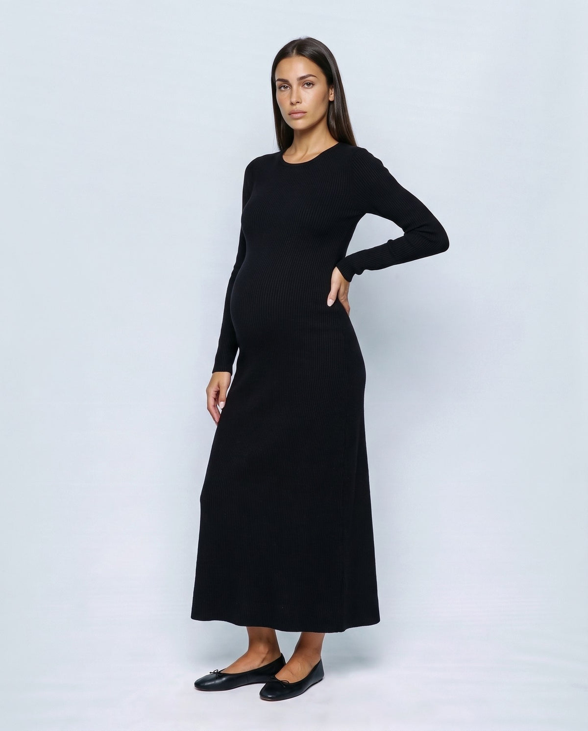 Daphne Ribbed Maxi Dress in Black, front view