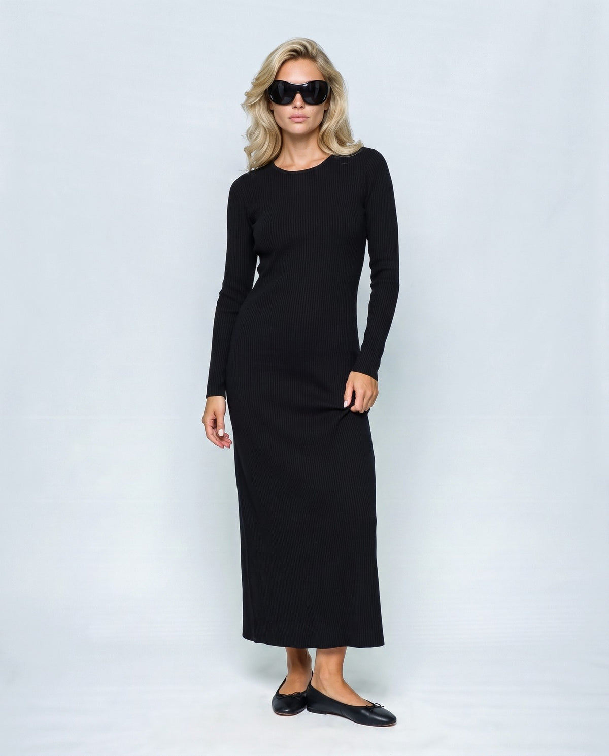 Daphne Ribbed Maxi Dress in Black, front view on a non-pregnant model