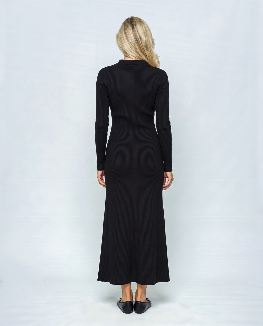 Daphne Ribbed Maxi Dress in Black, back view on a non-pregnant model
