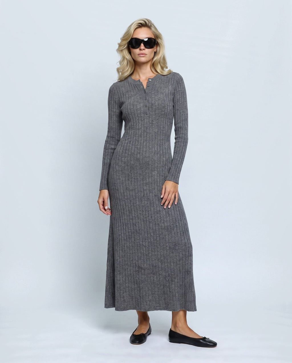 Daphne Ribbed Maxi Dress in Charcoal grey, front view on a non-pregnant model