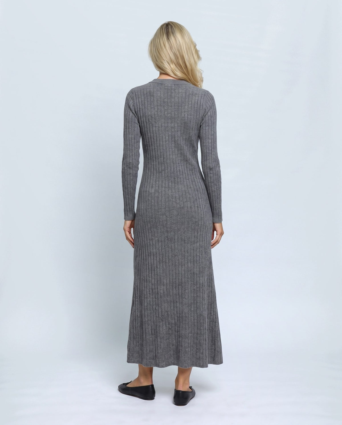 Daphne Ribbed Maxi Dress in Charcoal grey, back view on a non-pregnant model