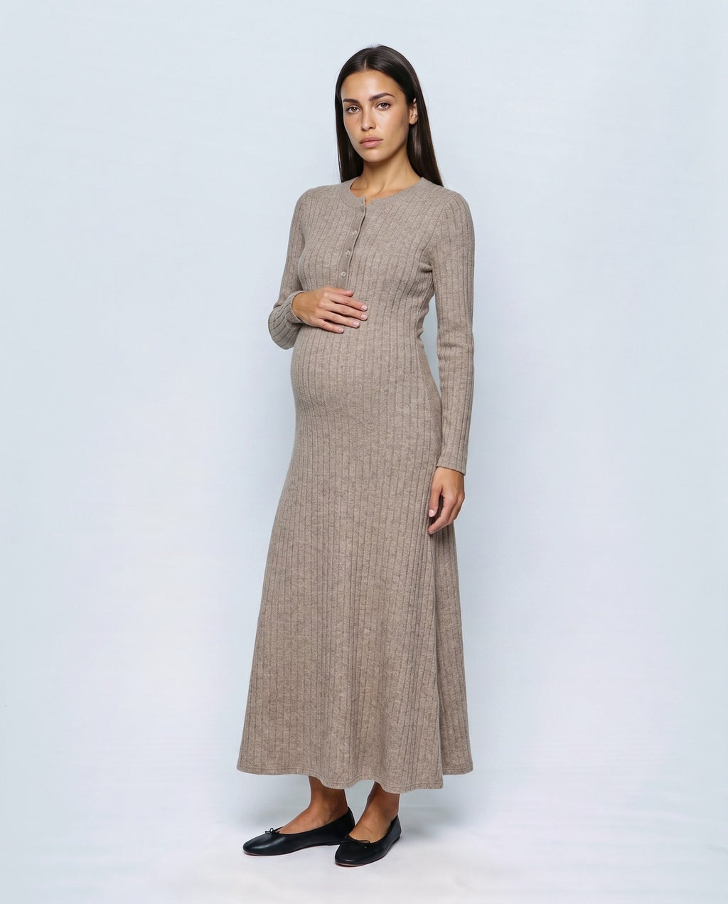 Daphne Ribbed Maxi Dress in Oatmeal camel, front view