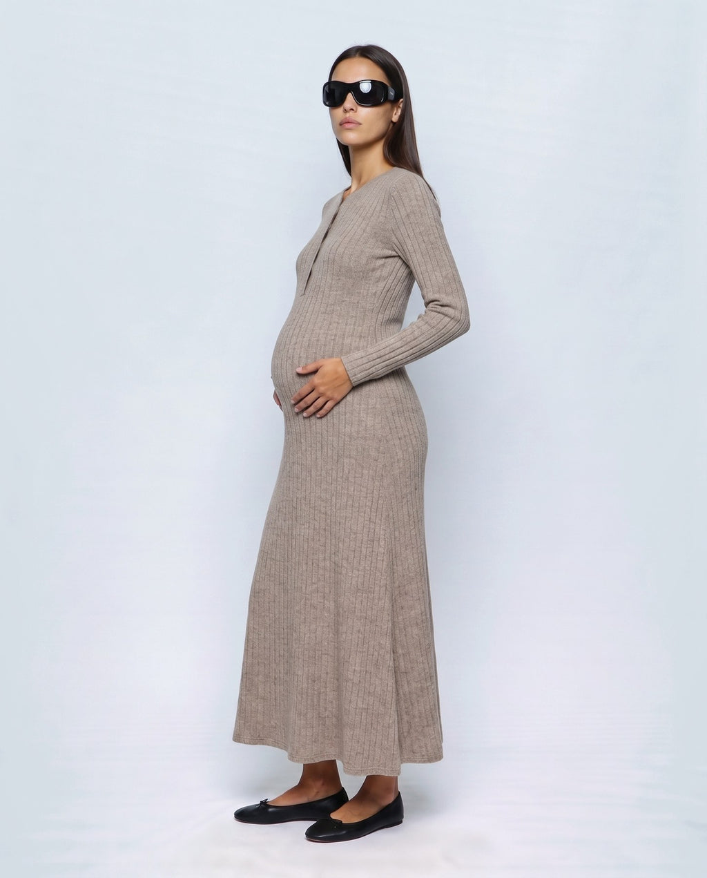 Daphne Ribbed Maxi Dress in Oatmeal camel, side view