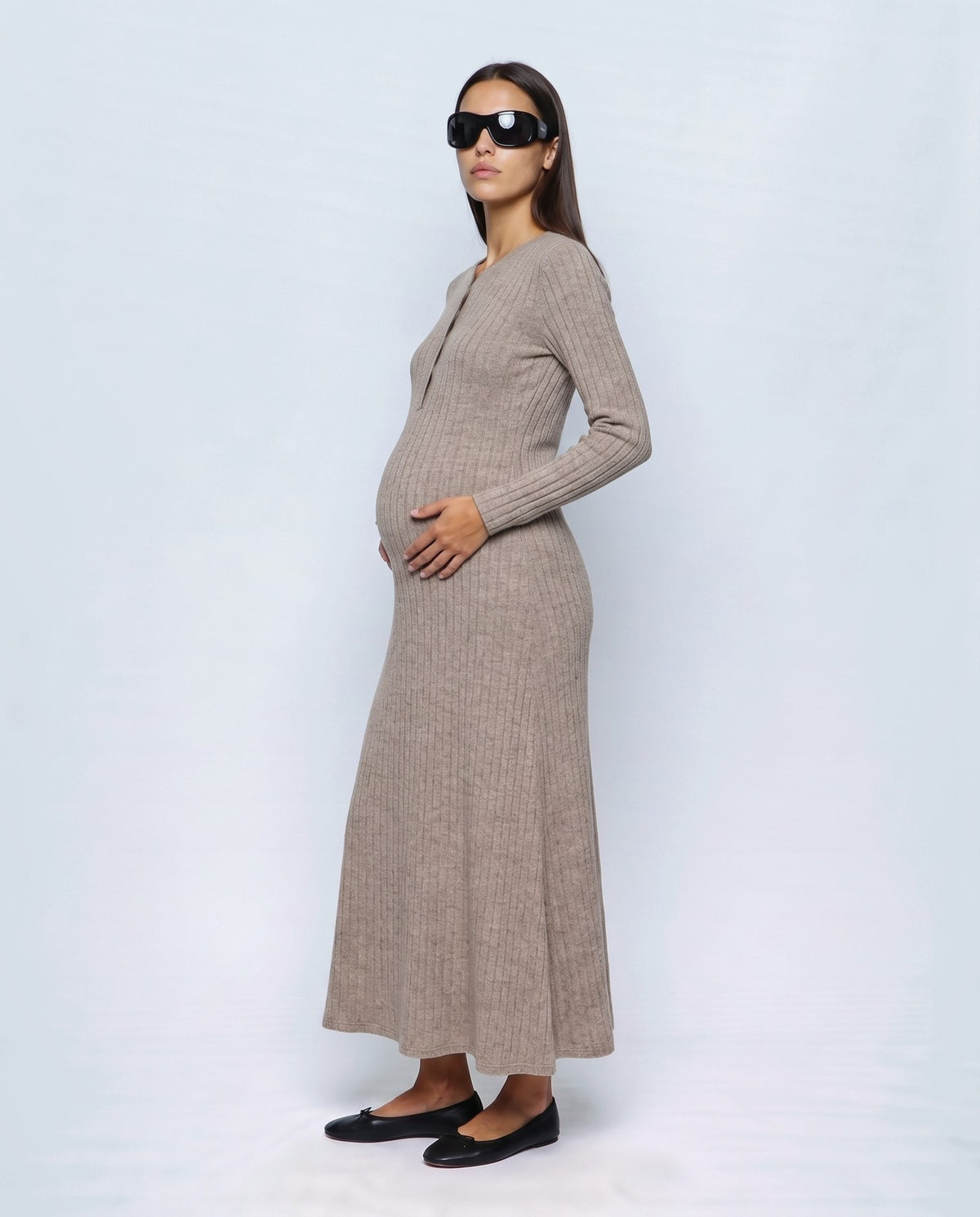 Daphne Ribbed Maxi Dress in Oatmeal camel, side view