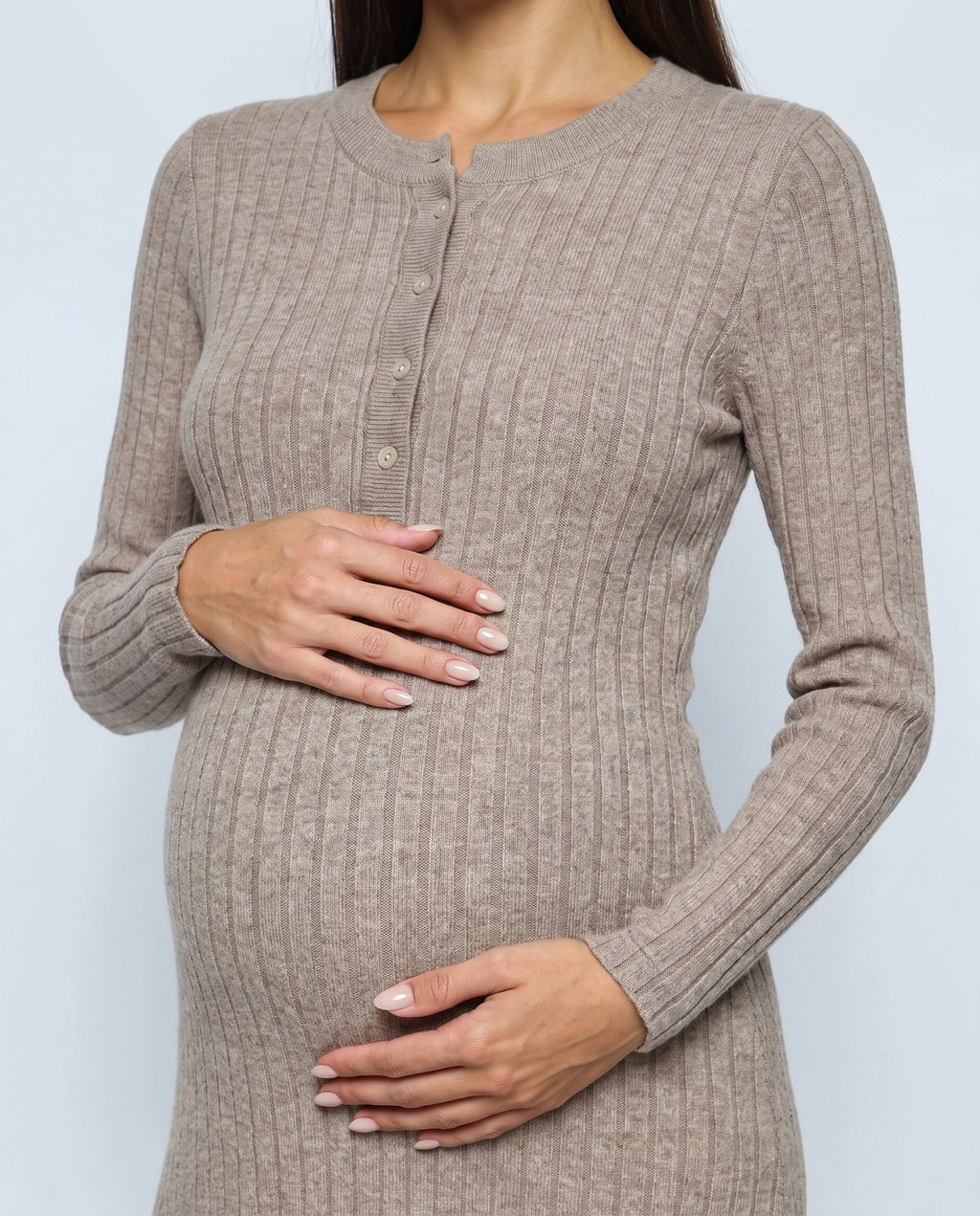 Daphne Ribbed Maxi Dress in Oatmeal camel, fabric detail